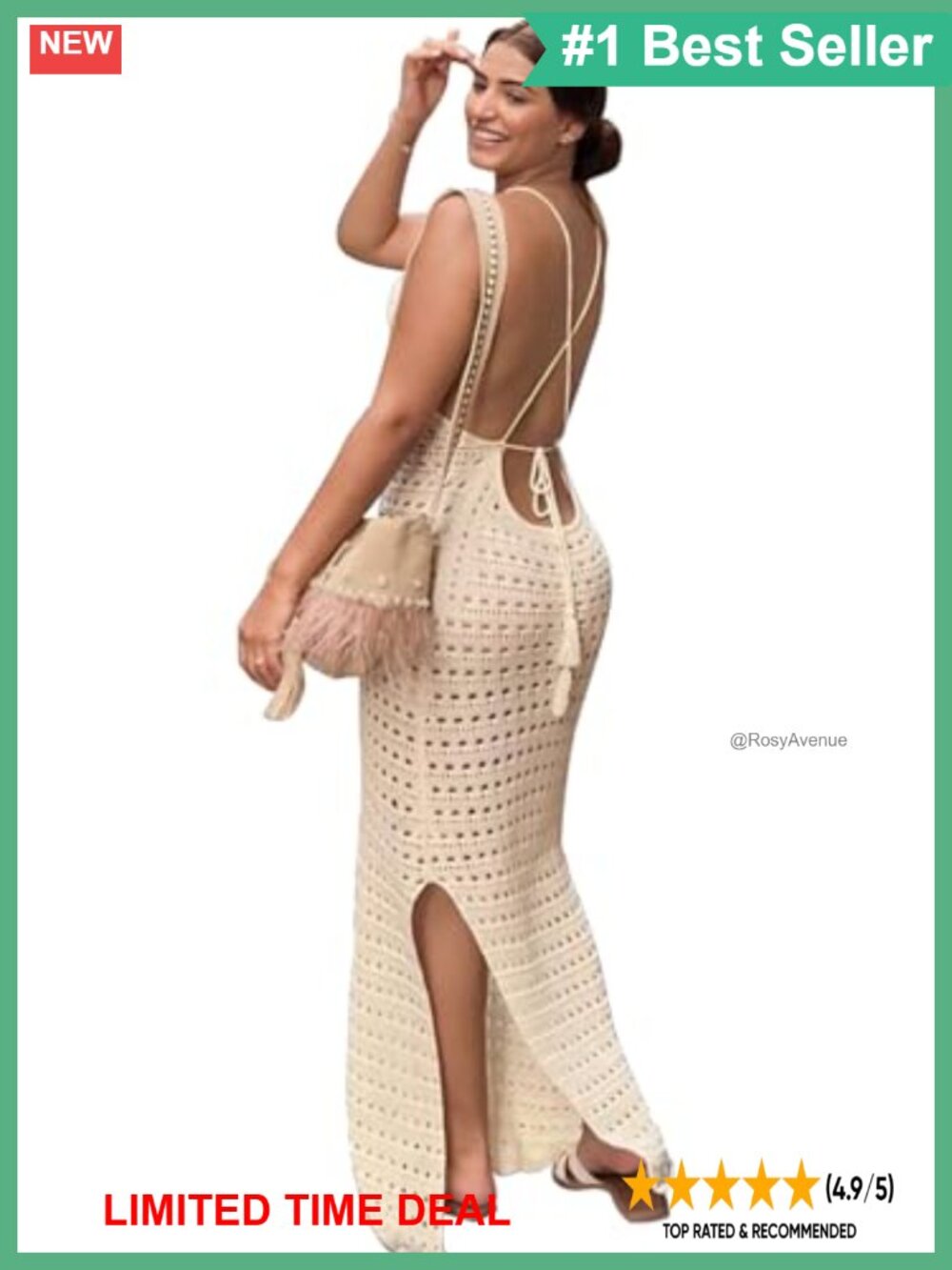 Hollow Out Knit Crochet Maxi Beach Cover-Up Backless Split Sleeveless